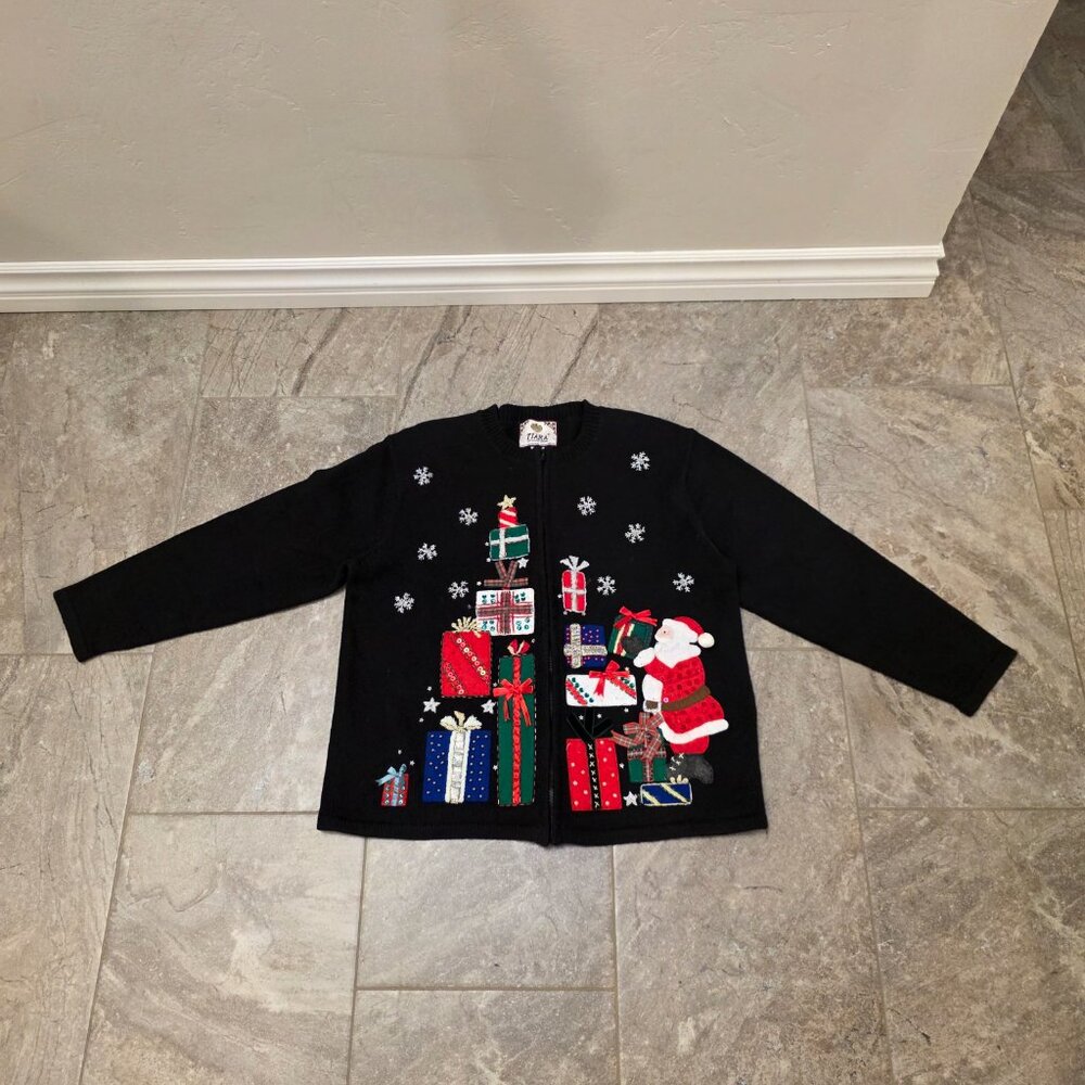 Vintage Tiara International Women's Large Christmas Cardigan Sweater santa black